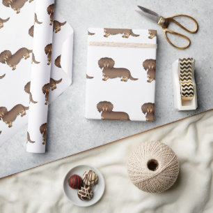 Papier Cadeau Motif de chien teckel à poil long chocolat et feu