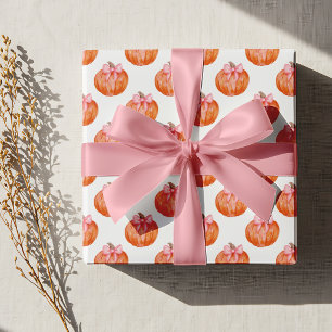 Papier Cadeau Motif de citrouille à l'aquarelle avec nœud rose
