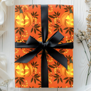 Papier Cadeau Motif de citrouille florale Jack O'Lantern