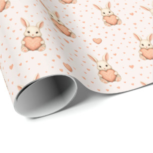 Papier Cadeau Motif de coeur de lapin mignon sur fond rose pâle