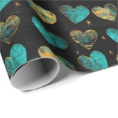 Papier Cadeau Motif de coeur d'or turquoise moderne (Coin rond)