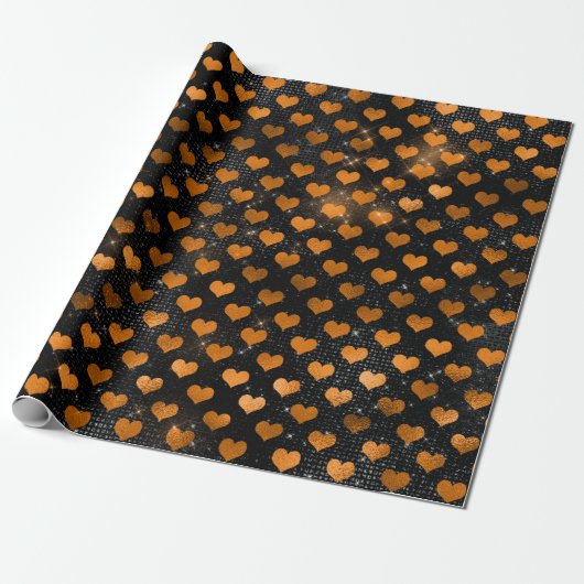 Papier Cadeau Motif de coeur noir et orange (Déroulé)