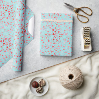 Papier Cadeau Motif de cœur rose/rouge doux Fond bleu/aqua
