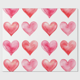 Papier Cadeau Motif de cœurs à l'aquarelle rose et rouge