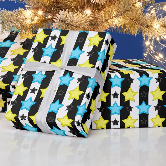 Papier Cadeau Motif de conception de rayures bleues jaunes étoil