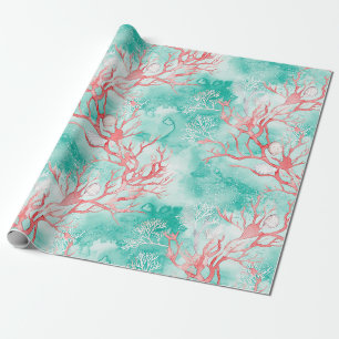 Papier Cadeau Motif de corail côtier à l'aquarelle