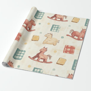 Papier Cadeau Motif de Cottage Cheval à Bascule Carreaux Apaisés