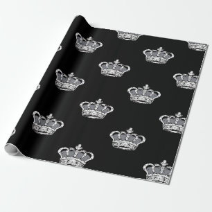 Papier Cadeau Motif de couronne grise royale sur fond noir audac
