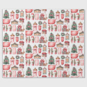 Papier Cadeau Motif de couronnes d'arbre de Noël rose rouge (Plat)