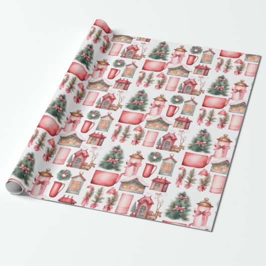Papier Cadeau Motif de couronnes d'arbre de Noël rose rouge (Déroulé)