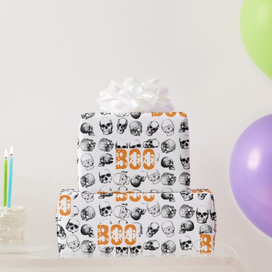 Papier Cadeau Motif de crâne Éffrayant Orange Boo Halloween (Cadeaux de fête)