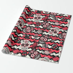 Papier Cadeau Motif De Crânes Et De Fleurs De Sucre