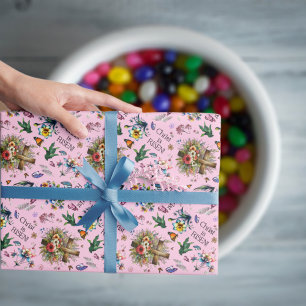 Papier Cadeau Motif de croix florale aquarelle rose pour Pâques