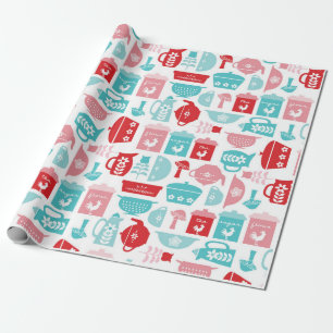 Papier Cadeau Motif de cuisine rouge et bleu rétro