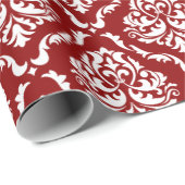 Papier Cadeau Motif de Damas Floral Blanc Sur Rouge (Coin rond)