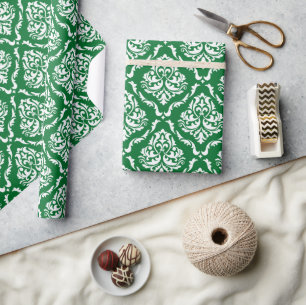 Papier Cadeau Motif de Damas Florales Blanches Sur Vert
