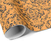 Papier Cadeau Motif de Damas orange noir (Coin rond)