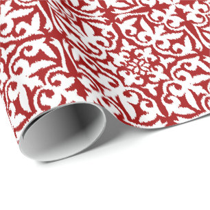 Papier Cadeau Motif de damassé d'Ikat - rouge foncé et blanc