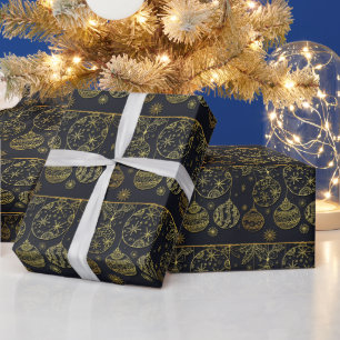 Papier Cadeau Motif de décorations de Noël noir et or Cadeau