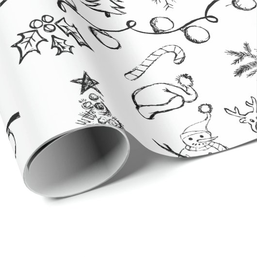 Papier Cadeau Motif de dessins de Noël noir et blanc (Coin rond)