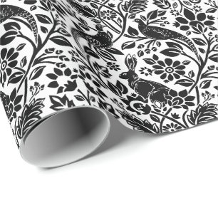 Papier Cadeau Motif de faisan et lièvre, blanc et noir