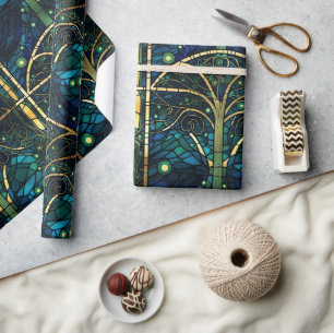Papier Cadeau Motif de faux vitrail de forêt vert émeraude