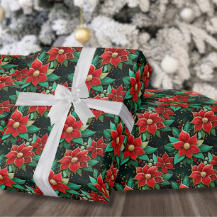 Papier Cadeau Motif de fête Fleurs de poinsettia Noël