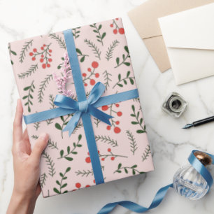 Papier Cadeau Motif de feuillage vert foncé rose pâle