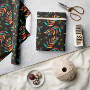 Papier Cadeau Motif de feuille d'automne coloré sur fond noir