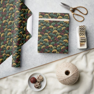 Papier Cadeau Motif de feuille de Ginkgo sarcelle Bourgogne