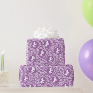 Papier Cadeau Motif de feuille florale licorne violet et blanc