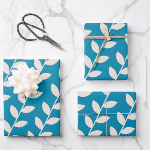 Papier Cadeau Motif de feuille rétro bleu personnalisé des année
