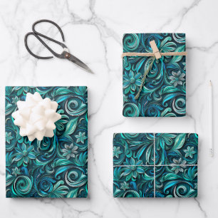 Papier Cadeau Motif de feuille tourbillonnante sarcelle élégant
