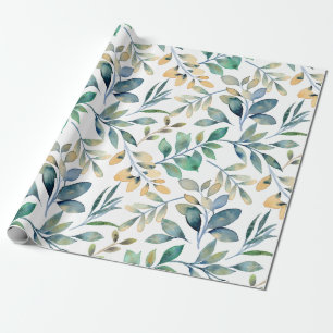 Papier Cadeau Motif de feuille verte et jaune à l'aquarelle fraî