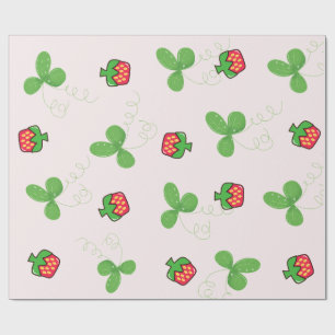 Papier Cadeau Motif de feuilles de trèfle vert et de fraise roug