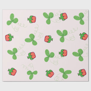 Papier Cadeau Motif de feuilles de trèfle vert et de fraise roug