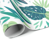 Papier Cadeau Motif De Feuilles Vertes Tropicales Agréées Sur Bl (Coin rond)