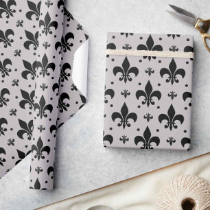 Papier Cadeau Motif de fleur de lis gris et noir
