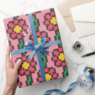 Papier Cadeau Motif de fleur pixel 8 bits