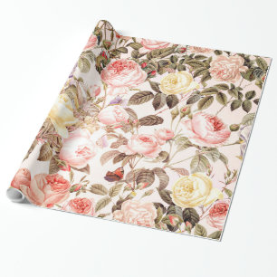 Papier Cadeau Motif de fleur rose de cru rose romantique