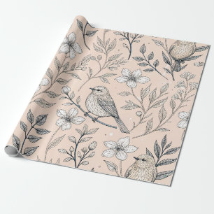 Papier Cadeau Motif de fleur sauvage Rossignol vintage pêche