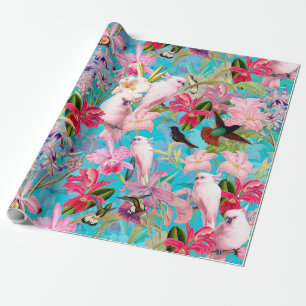 Papier Cadeau Motif de fleur tropical rose d'oiseau et