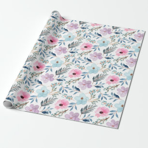 Papier Cadeau Motif de fleurs à l'aquarelle bleu pastel d'été 