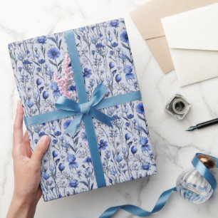 Papier Cadeau Motif de fleurs bleues botaniques