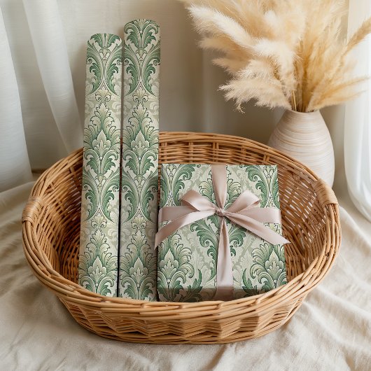 Papier Cadeau Motif de fleurs botaniques vintage vert et beige