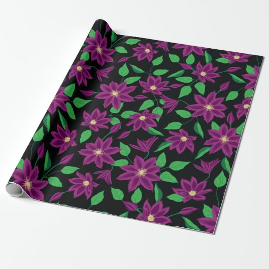 Papier Cadeau Motif de fleurs de clématite violette (Déroulé)