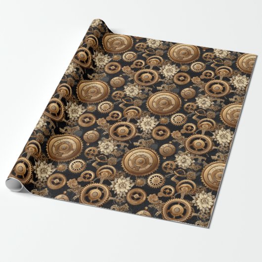 Papier Cadeau Motif de fleurs et engrenages en vapeur (Déroulé)