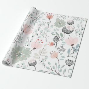 Papier Cadeau Motif de fleurs et feuilles en vert tropical et ro