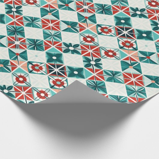 Papier Cadeau Motif de fleurs géométriques bleu rouge stylisé (Coin)