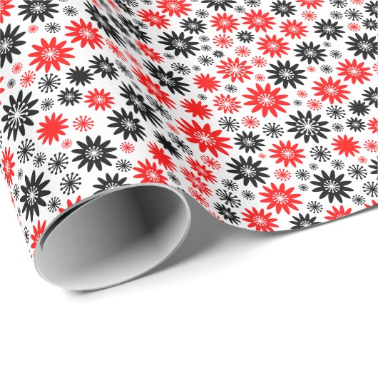 Papier Cadeau Motif de fleurs - Noir avec rouge et blanc (Coin rond)